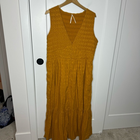 Anthropologie Dresses & Skirts - Anthropologie Mustard Gold Button Down Smocked Embroidered Maxi Dress Size XL